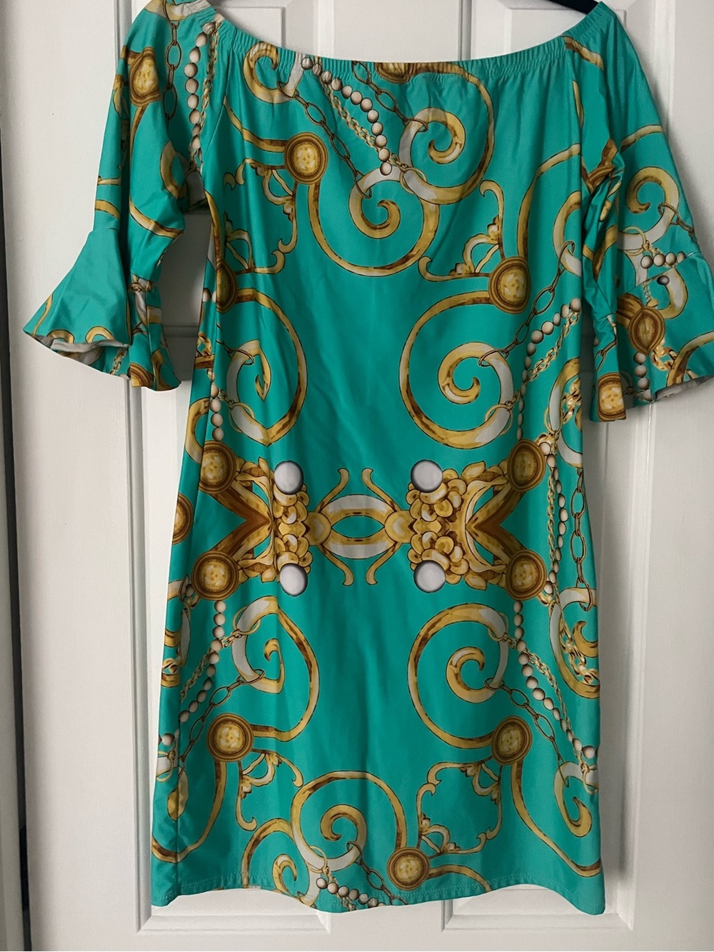 Turquoise Off-Shoulder Mini Dress with Gold Chain Motif